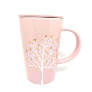 Davids Tea The Perfect Mug Cool Pink Starry Tree with Lid 12 oz White and Gold